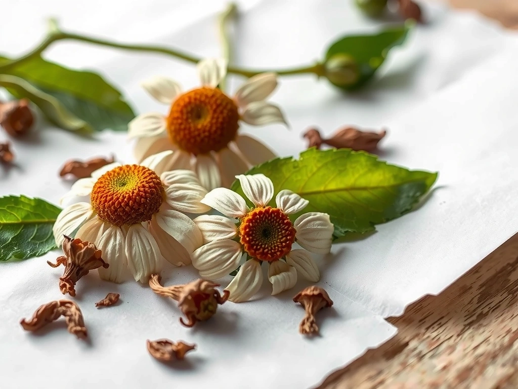 Botanische Makroaufnahme von Kamille und Kräutern
